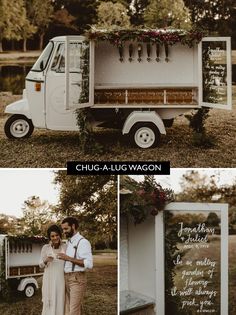 a man and woman standing in front of a food truck that is decorated with greenery