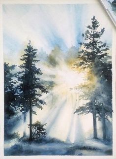 a watercolor painting of trees with the sun shining through them on a wooden table