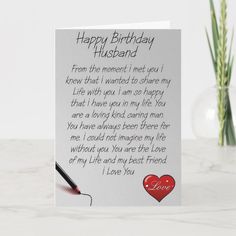 a happy birthday card for husband with a heart on it and a message to his wife