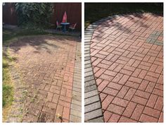 before and after photos of a brick patio