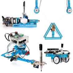 four different views of an assembled robot with wheels and parts attached to the robotic arm