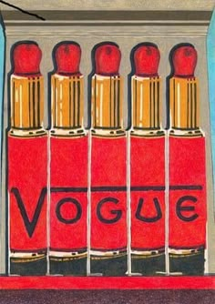 a painting of red lipstick in front of a store window with the word voge written on it