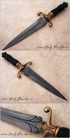 three different types of knives with gold handles and black blades, all on top of each other