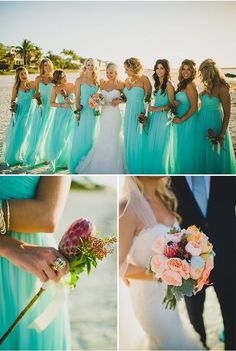 the bride and her bridal party are posing for pictures on the beach with their bouquets