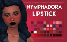 an animated image of a woman with dark hair and black lips, in front of a red background that says nymphadora lipstick