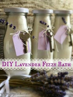 lavender fizzy bath with tags on them