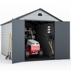 a red and white lawn mower sitting inside of a gray shed with the door open