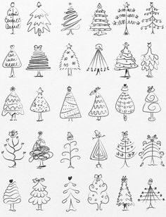 hand drawn christmas trees on white paper