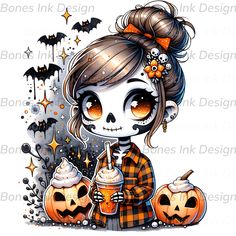 a girl with pumpkins and jack - o'- lanterns is holding a drink