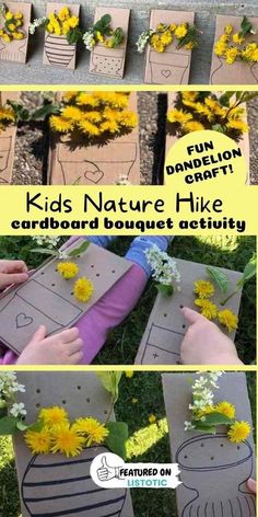 kids's nature hike cardboard bouquet activity with sunflowers and paper bags on the ground