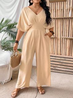 Apricot Casual Collar Half Sleeve Fabric Plain Other Embellished Non-Stretch  Women Plus Clothing Plus Size Tube Top, Shein Id, Pocket Design Fashion, Moda Shein, Design For Office, Shein Plus Size, Outfit Shein, Wedding Jumpsuit, Shein Outfits