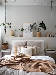 a black cat laying on top of a bed in a room with white walls and plants