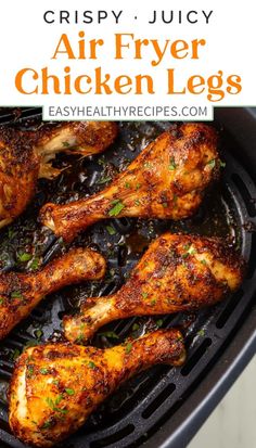 crispy juicy air fryer chicken legs in a skillet with text overlay