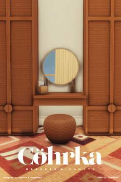 a room with a mirror, stool and rug on the floor in front of it