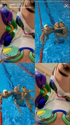 four pictures of people in the water with swimming goggles and snorkels