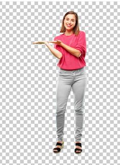 a woman in pink shirt and grey pants holding a tray