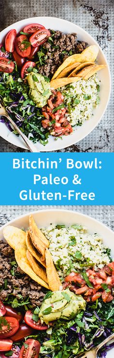 two plates filled with different types of food and the words, bitchin'bowl paleo & gluten - free