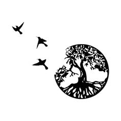 birds flying around a tree in the shape of a circle