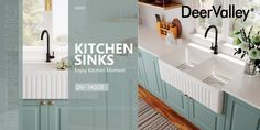 the kitchen sink is painted blue and has white counter tops with black faucets