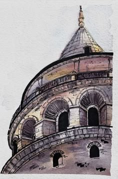 a watercolor painting of an old building with a steeple