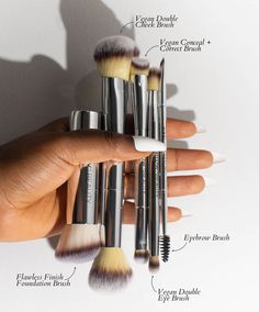 A five-piece brush set collection featuring our signature vegan and cruelty-free, high-end eye and face brushes that mix and mingle perfectly with your most beloved makeup formulas for easy and flawless application. Includes our NEW Eyebrow Brush. ($142 USD Value) - Flawless Finish Foundation Brush: Build, buff and blend out cream makeup products seamlessly with wide-angled luxurious soft brush.- Vegan Double Cheek Brush - The 2-in-1 brush is double-sided for a flawless powder application to scu Picture Perfect Makeup, Eco Makeup, Powder Application, Face Brushes, Brightening Cleanser, Flawless Makeup Application, Beauty Brushes, Cream Makeup, Beauty Inspo