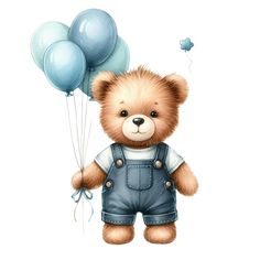 a brown teddy bear wearing overalls and holding blue balloons in his hand, on a white background