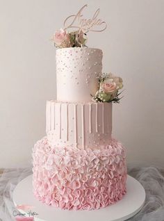 a three tiered cake with pink flowers on top