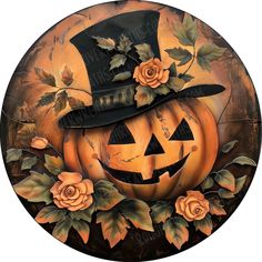 a pumpkin with a top hat and roses on it