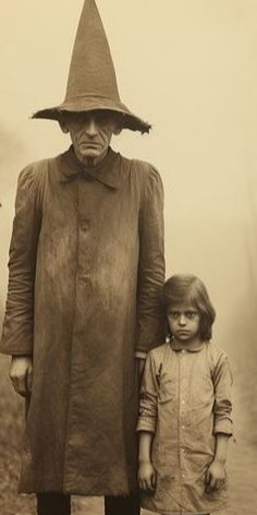 two children standing next to each other in front of a scarecrow with a hat on