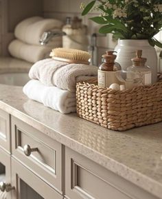 towels and soaps are sitting on the counter