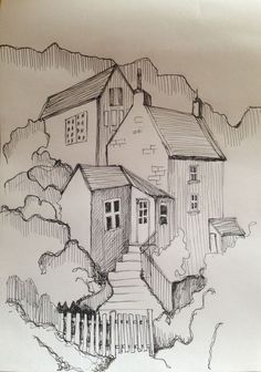 a drawing of a house in the clouds