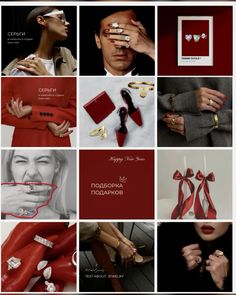 a collage of photos with red and white accessories