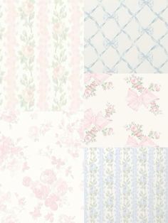 four different floral wallpapers in pastel colors and patterns, each with pink flowers on them