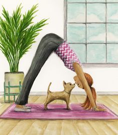 a drawing of a woman doing yoga with her dog in front of a potted plant