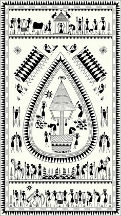 an old black and white drawing of people in native american style clothing with animals, trees, and other things