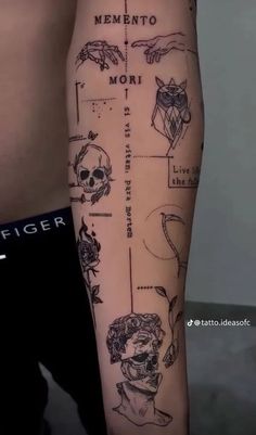 a man's arm with tattoos on it and the names of different people around him