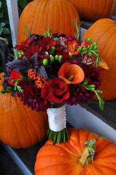 a bouquet of flowers sits in front of pumpkins