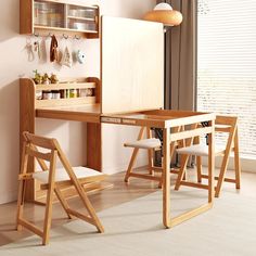 a child's desk and chair in a room with white carpeted flooring