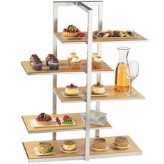 three tiered trays with different types of desserts and drinks on top of them