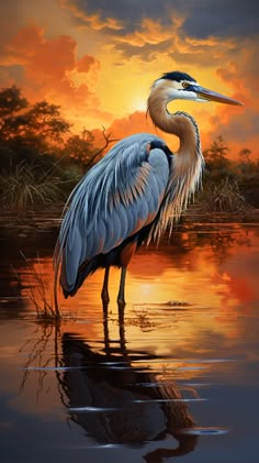 a painting of a blue heron standing in the water at sunset with clouds and trees in the background