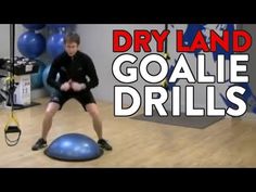 a man standing on top of a blue ball in a gym with the words dry land goalie drills