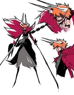 two anime characters with orange hair and red capes, one in black and the other in pink