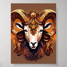 a painting of a ram with horns on it's head is hanging on a wall