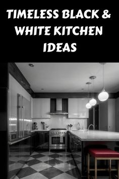 Timeless black and white kitchen with modern fixtures and checkered floor. Black N White Kitchen, Black White Kitchen Ideas, Black And White Kitchen Ideas, White Kitchen Designs, Monochrome Kitchen, White Kitchen Inspiration, Kitchen Cabinet Inspiration, Dark Elements, Black White Kitchen