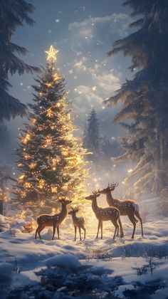 three deer standing in front of a christmas tree