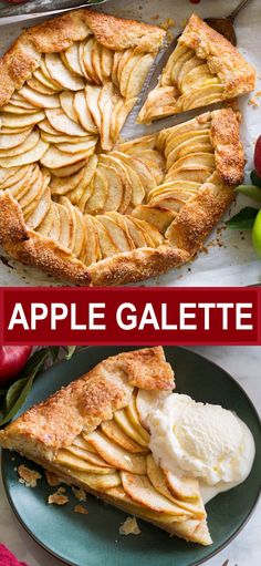 an apple galette pie on a plate with ice cream