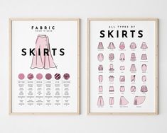 two framed posters with different types of skirts on them, one in pink and the other in black