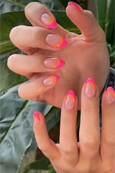 #nails #nailinspo #pink #acrylic #orange #tips #frenchtips #utahnails #utah #almond Teen Nails, Orange Nail, Cute Simple Nails, Simple Gel Nails, Summery Nails, Girly Acrylic Nails, Cute Gel Nails, Short Acrylic Nails Designs, Neon Nails