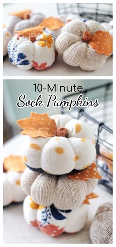 two pictures of pumpkins stacked on top of each other with the words 10 minute sock pumpkins