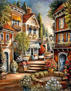 a painting of a town with flowers in the foreground and stairs leading up to it